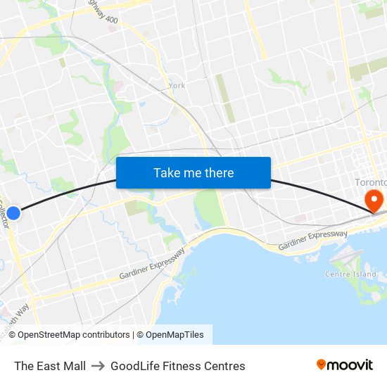 The East Mall to GoodLife Fitness Centres map