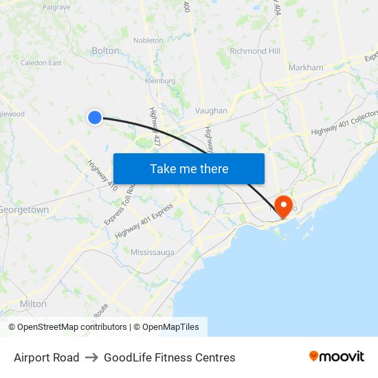 Airport Road to GoodLife Fitness Centres map