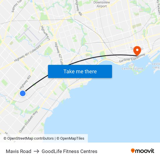 Mavis Road to GoodLife Fitness Centres map