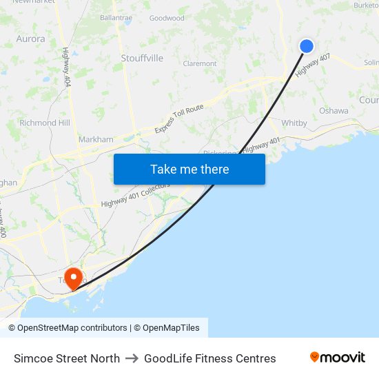 Simcoe Street North to GoodLife Fitness Centres map