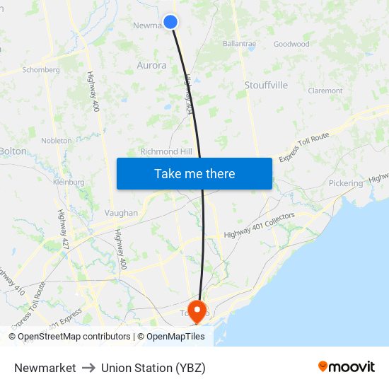 Newmarket to Union Station (YBZ) map