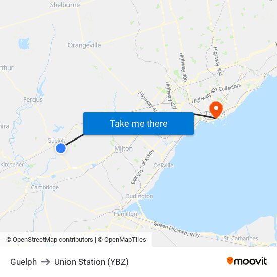 Guelph to Union Station (YBZ) map