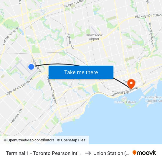 Terminal 1 - Toronto Pearson Int'L Airport to Union Station (YBZ) map