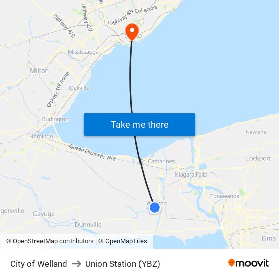 City of Welland to Union Station (YBZ) map