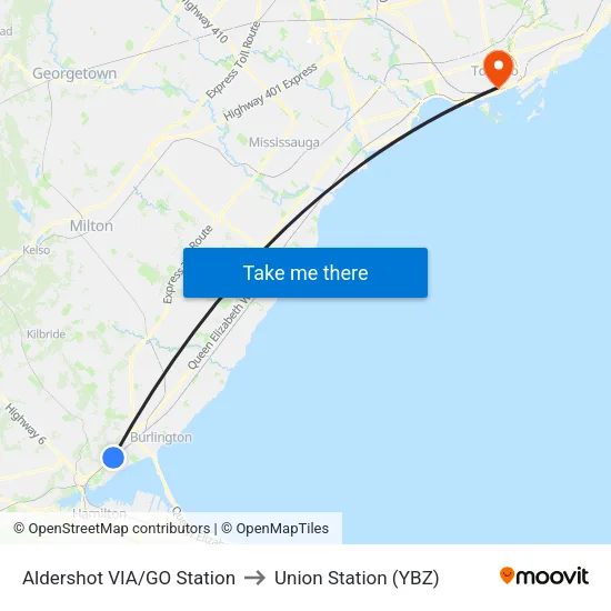 Aldershot VIA/GO Station to Union Station (YBZ) map