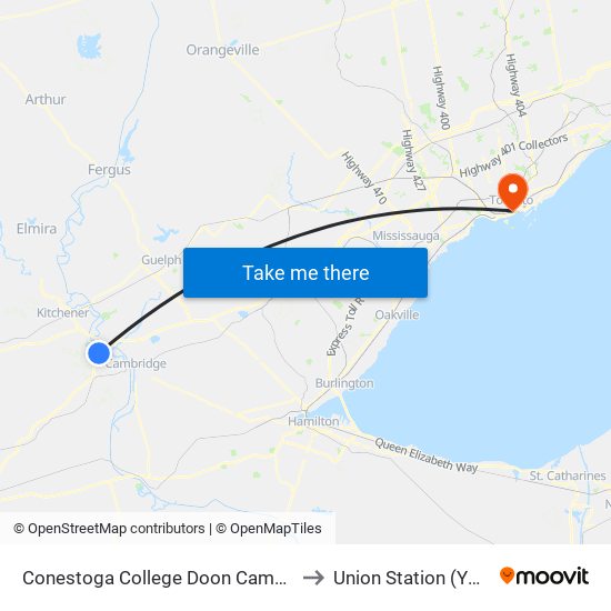 Conestoga College Doon Campus to Union Station (YBZ) map