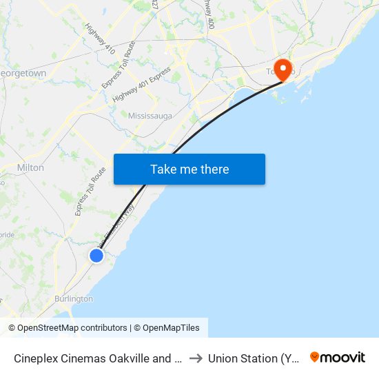 Cineplex Cinemas Oakville and VIP to Union Station (YBZ) map