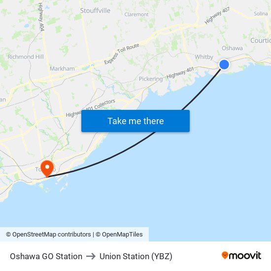 Oshawa GO Station to Union Station (YBZ) map