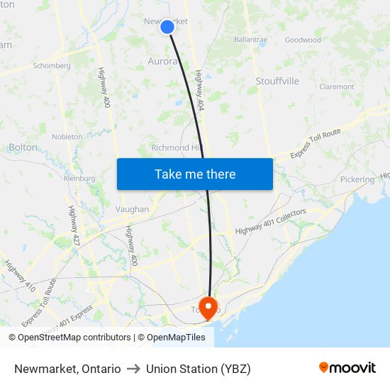 Newmarket, Ontario to Union Station (YBZ) map