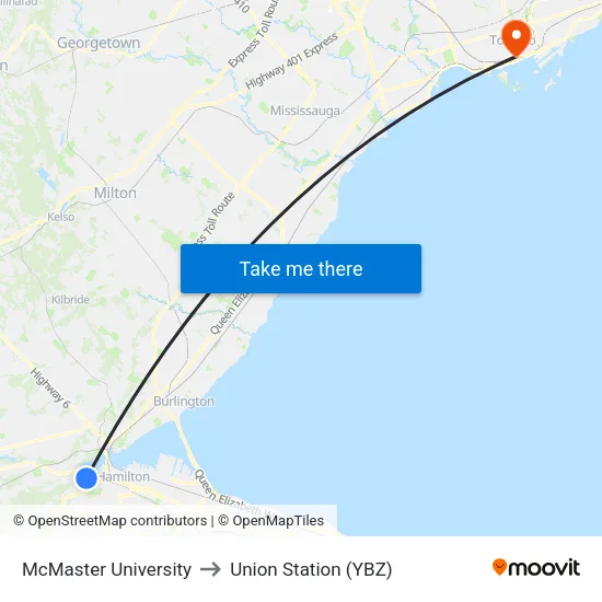 McMaster University to Union Station (YBZ) map