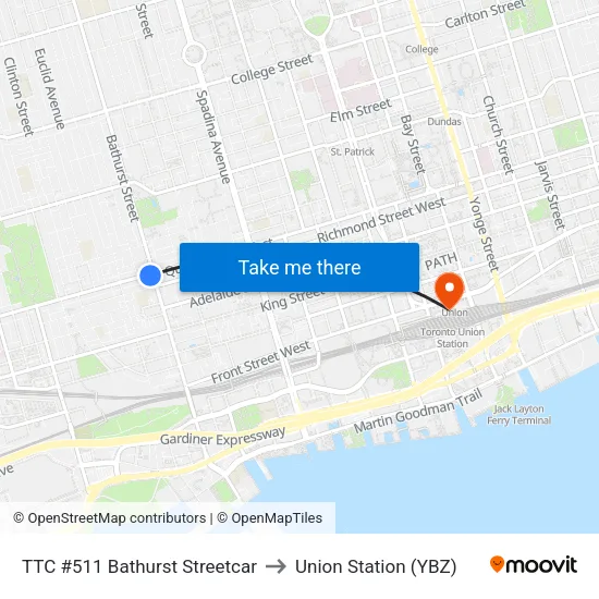 TTC #511 Bathurst Streetcar to Union Station (YBZ) map
