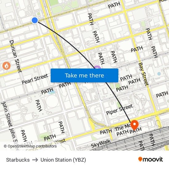 Starbucks to Union Station (YBZ) map