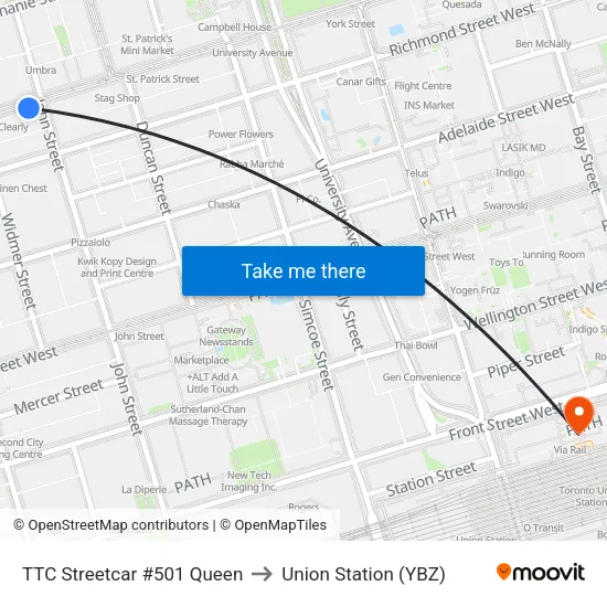 TTC Streetcar #501 Queen to Union Station (YBZ) map