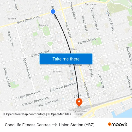GoodLife Fitness Centres to Union Station (YBZ) map
