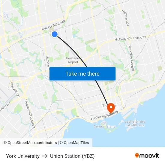 York University to Union Station (YBZ) map
