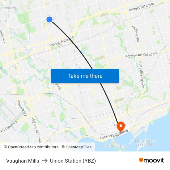 Vaughan Mills to Union Station (YBZ) map