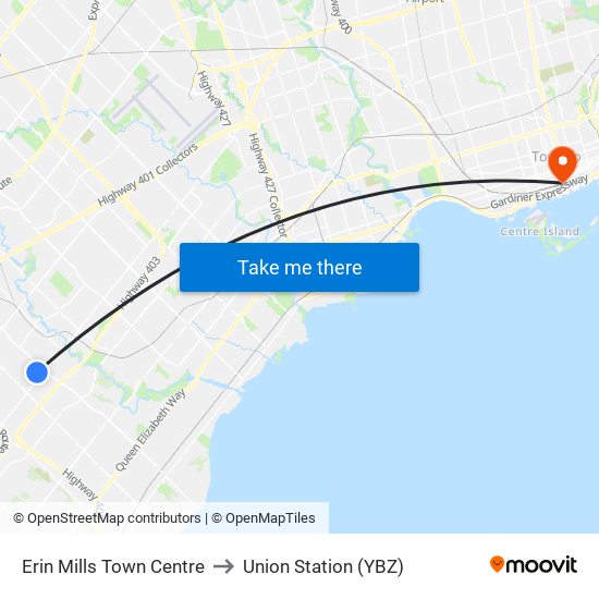 Erin Mills Town Centre to Union Station (YBZ) map