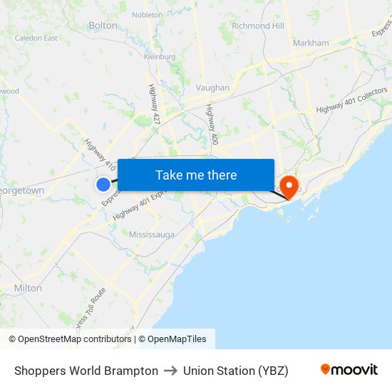 Shoppers World Brampton to Union Station (YBZ) map