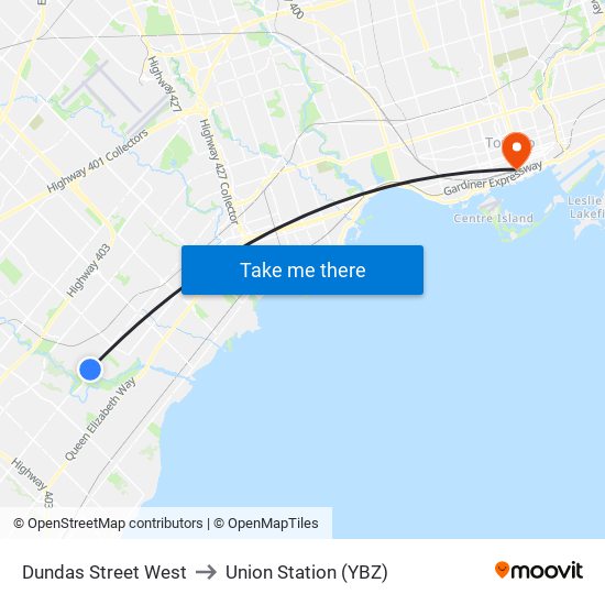 Dundas Street West to Union Station (YBZ) map