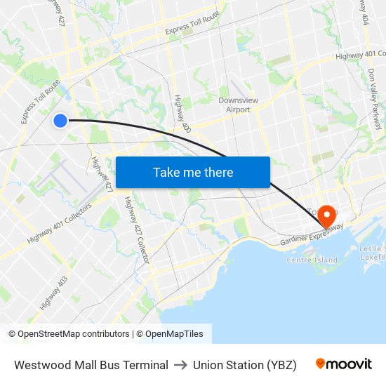 Westwood Mall Bus Terminal to Union Station (YBZ) map