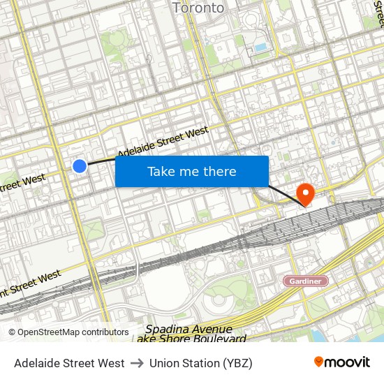 Adelaide Street West to Union Station (YBZ) map