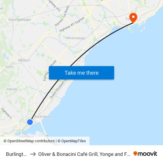 Burlington to Oliver & Bonacini Café Grill, Yonge and Front map