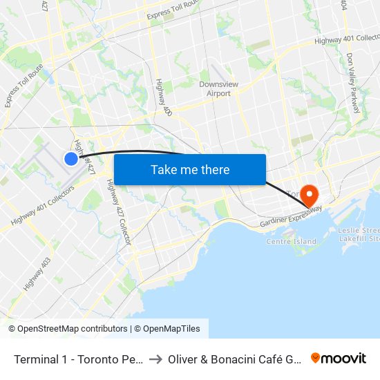 Terminal 1 - Toronto Pearson Int'L Airport to Oliver & Bonacini Café Grill, Yonge and Front map