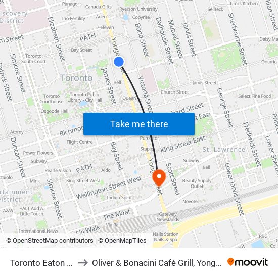 Toronto Eaton Centre to Oliver & Bonacini Café Grill, Yonge and Front map