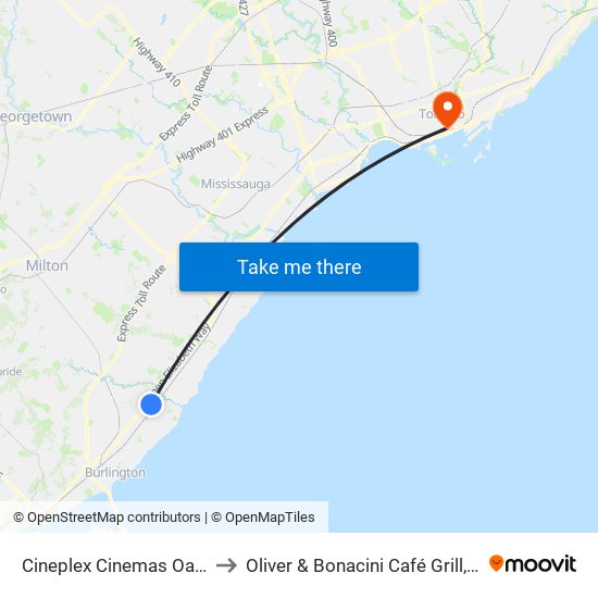 Cineplex Cinemas Oakville and VIP to Oliver & Bonacini Café Grill, Yonge and Front map