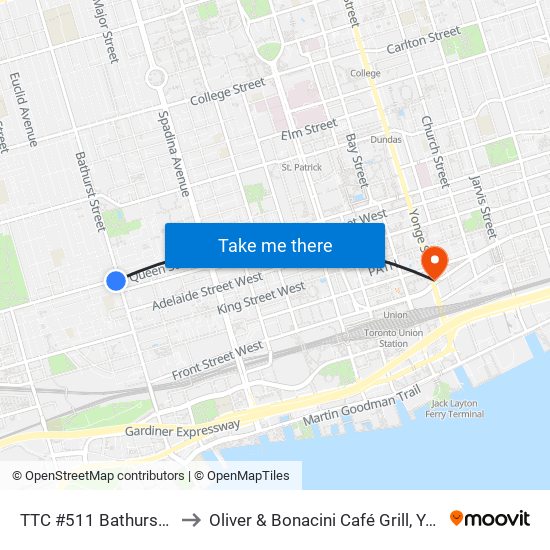 TTC #511 Bathurst Streetcar to Oliver & Bonacini Café Grill, Yonge and Front map