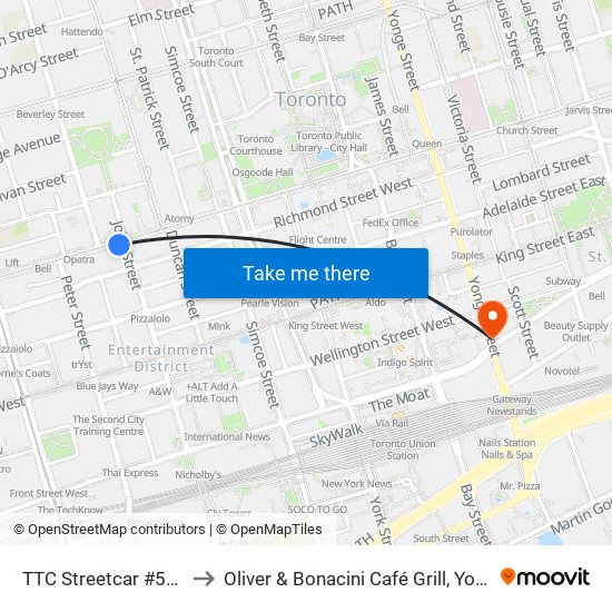 TTC Streetcar #501 Queen to Oliver & Bonacini Café Grill, Yonge and Front map