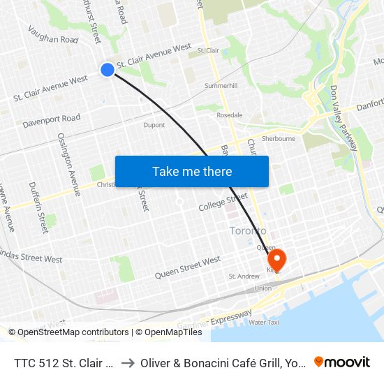 TTC 512 St. Clair Streetcar to Oliver & Bonacini Café Grill, Yonge and Front map