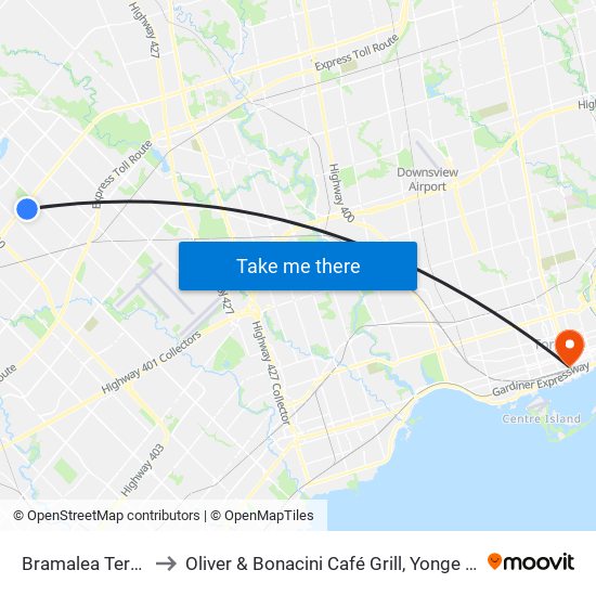 Bramalea Terminal to Oliver & Bonacini Café Grill, Yonge and Front map