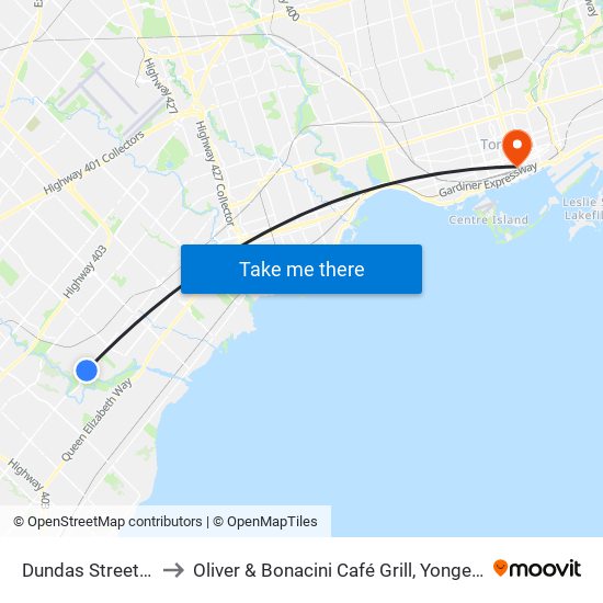 Dundas Street West to Oliver & Bonacini Café Grill, Yonge and Front map