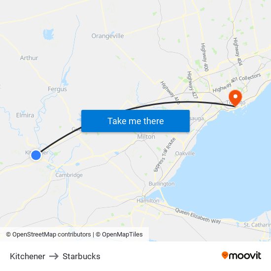 Kitchener to Starbucks map