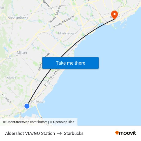 Aldershot VIA/GO Station to Starbucks map