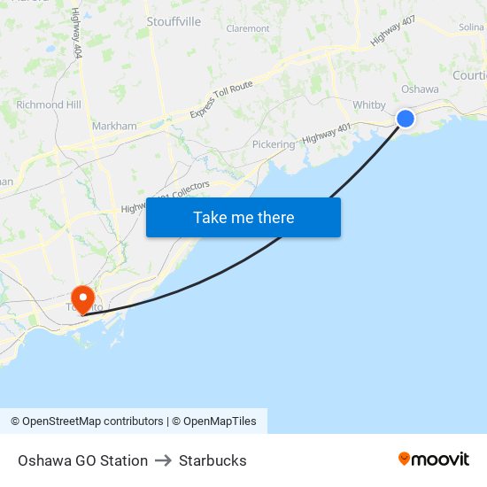 Oshawa GO Station to Starbucks map