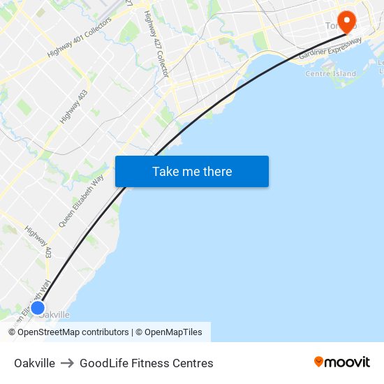 Oakville to GoodLife Fitness Centres map