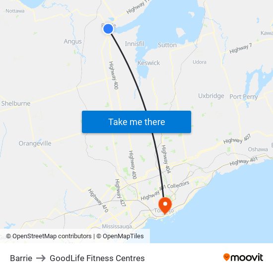 Barrie to GoodLife Fitness Centres map
