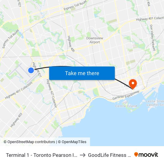 Terminal 1 - Toronto Pearson Int'L Airport to GoodLife Fitness Centres map