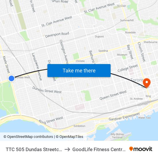 TTC 505 Dundas Streetcar to GoodLife Fitness Centres map