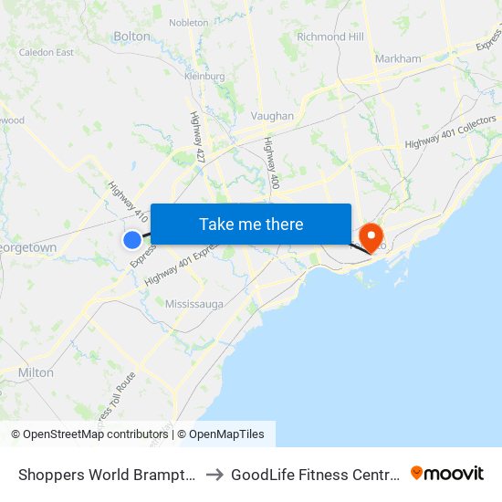 Shoppers World Brampton to GoodLife Fitness Centres map