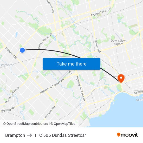 Brampton to TTC 505 Dundas Streetcar map