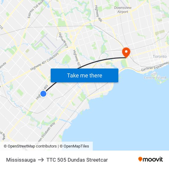 Mississauga to TTC 505 Dundas Streetcar map