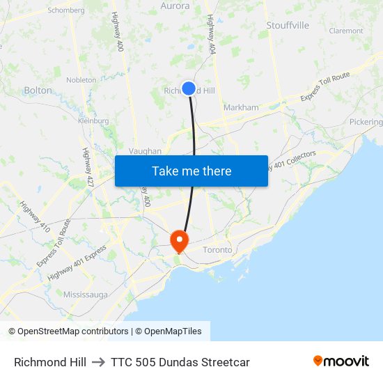 Richmond Hill to TTC 505 Dundas Streetcar map