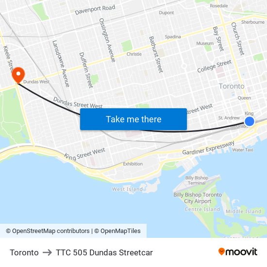 Toronto to TTC 505 Dundas Streetcar map