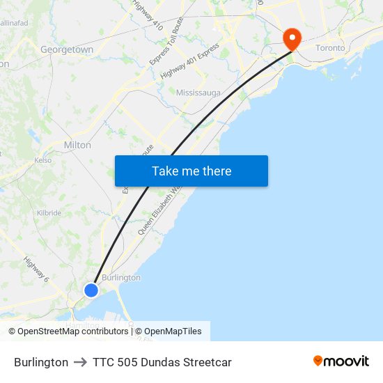 Burlington to TTC 505 Dundas Streetcar map