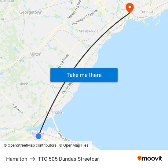 Hamilton to TTC 505 Dundas Streetcar map