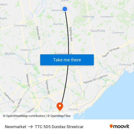 Newmarket to TTC 505 Dundas Streetcar map