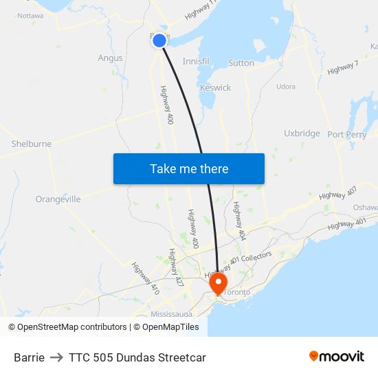 Barrie to TTC 505 Dundas Streetcar map